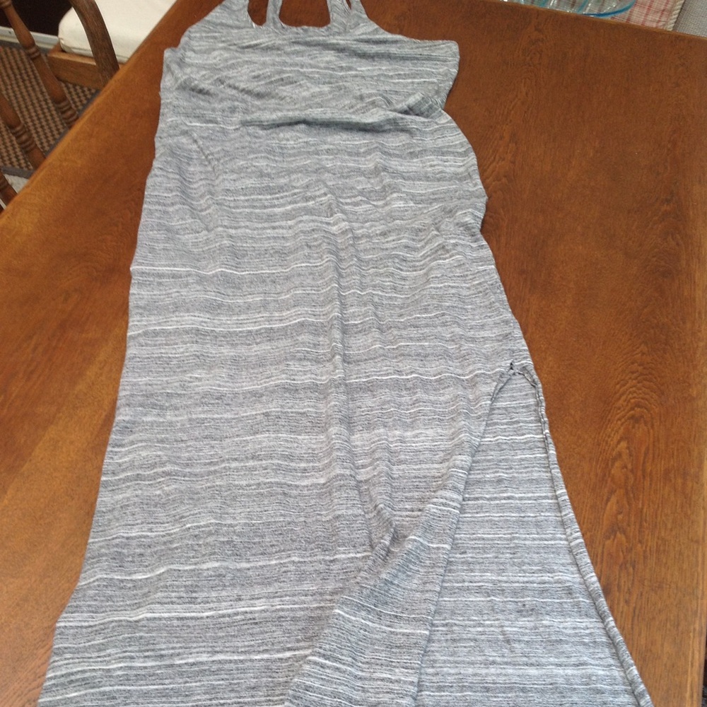 Loft maxi gray/white SOFT halter dress. Subtle horizontal muted stripe. Open leg